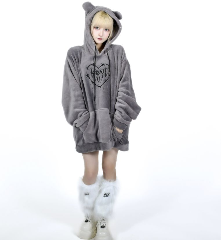 KRY clothing クマ耳ライトボアBIGパーカー 「歪み」 グレー 黒