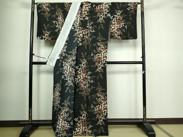 平和屋着物▽小紋 単衣 枝葉文 黒地 洗える着物 DAAV9720sf