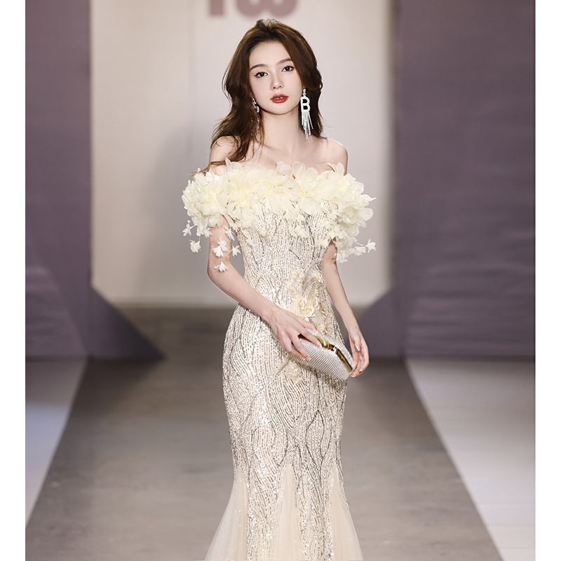 2025 感 魚尾イブニングドレス ウェディング 前撮り用 一字肩 マーメイドライン パーティードレス 演奏会 主催者 司会者 舞台衣装 感 ロングドレス 結婚式 二次会 発 MAAHADDERANG_COM