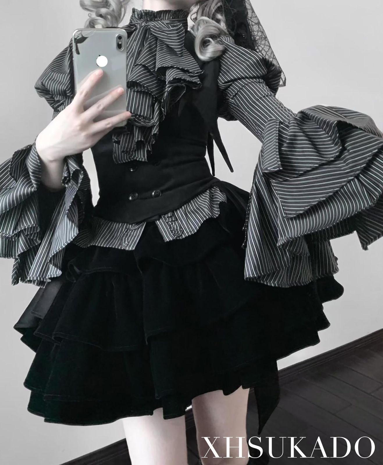 商品 XHSUKADO ゴスロリ 3点セット セットアップ シャツ ベスト ミニ スカート レースアップ レディース 服 地雷系 ゴシック 上下着 コスプレ ドレス 大人 貴族 ストライプ 病みかわいい 姫袖 リボン 長袖 春 秋 夏 冬