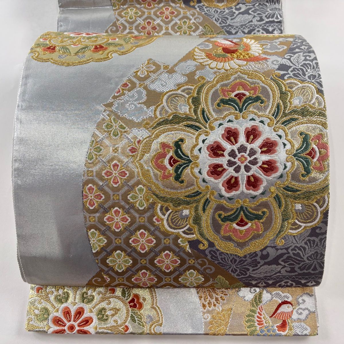中古美品 レース柄袋帯 袋帯 美品 秀品 やまと 段縞模様 水玉模様 レース 箔 ベージュ
