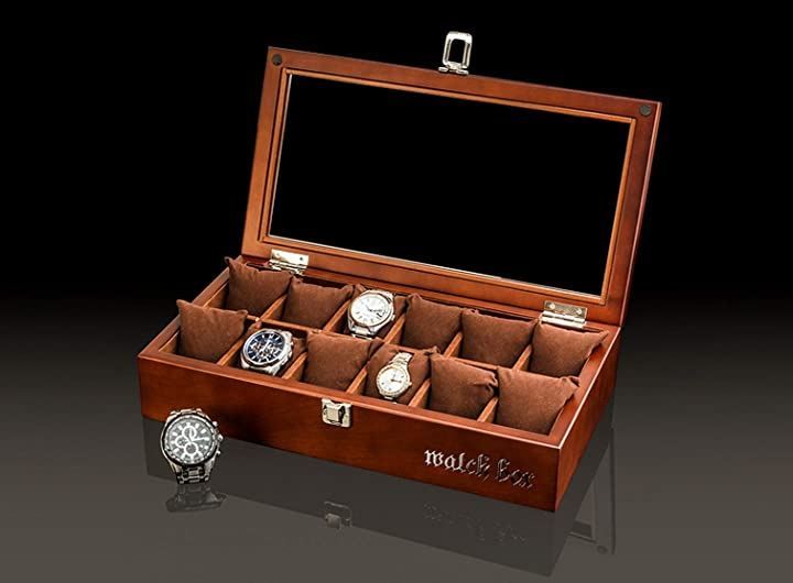 Anberotta 高級 木製 腕時計 収納 ボックス ケース スタンド 大容量 コレクション 透明ガラス ディスプレイ J141 (ブラウン・文字有（12本用）)