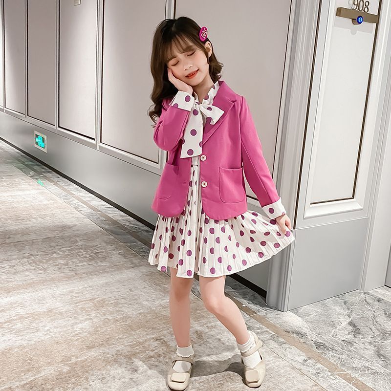 入学式 女の子 スーツ 2点セット 子供スーツ 子供服 卒業式 女の子 スーツ セット ジャケット+ワンピース 可愛い ドット柄 リボンタイ キッズ フォーマル 卒園式 七五三 発表会 子供服 卒業式 面接 ジュニア 女児 子供服 tsic02