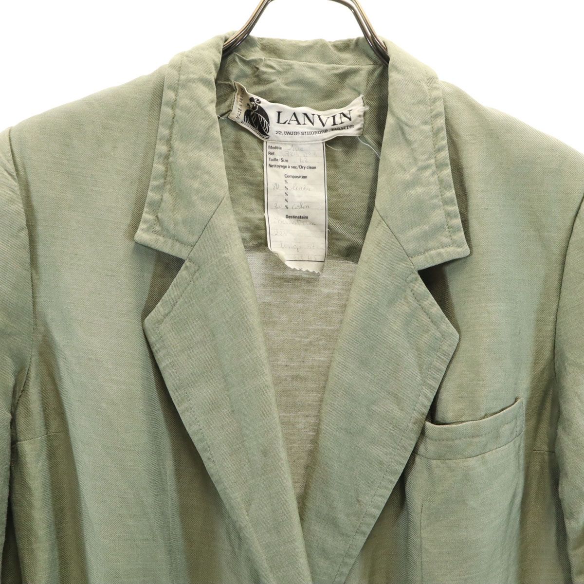 LANVIN - 古着 LANVIN ランバン 80s フランス製 リネンブレンド ヴィンテージ ダブル テーラードジャケット 42 オリーブ レディース LANVIN ランバン 80s フランス製 リネンブレンド ヴィンテージ