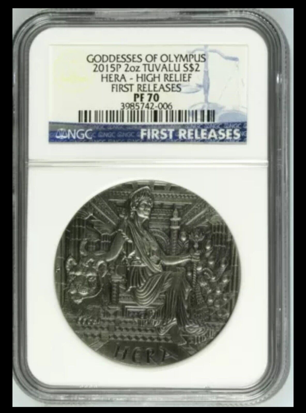 2015P 2oz TUVALU GODDESSES OF OLYMP HERA HIGH RELIEF MS70 FR
