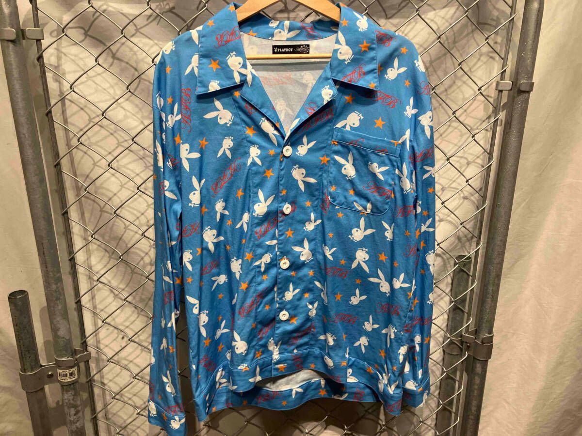 ビンテージ playboy ウサギ柄 パジャマシャツ M PLAYBOY シャツ AFB コラボ ネイビー オレンジ スター パジャマ
