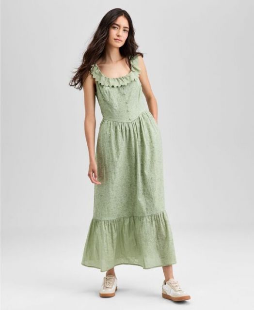 送料無料 アンドノウディス レディース ワンピース トップス Women s Cotton Ruffle-Trim Scoop-Neck Voile Maxi Dress P|XXS-4X Herbal Sage