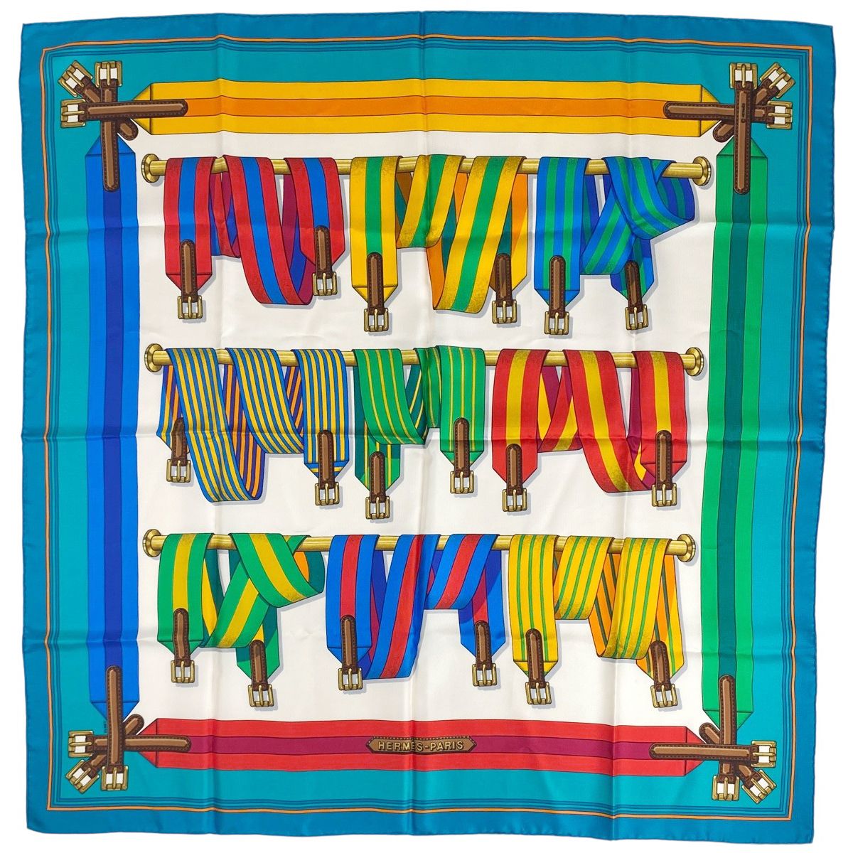 エルメス HERMES カレ 90 J.METS サスペンダー柄 ベルト スカーフ シルク グリーン マルチカラー レディース