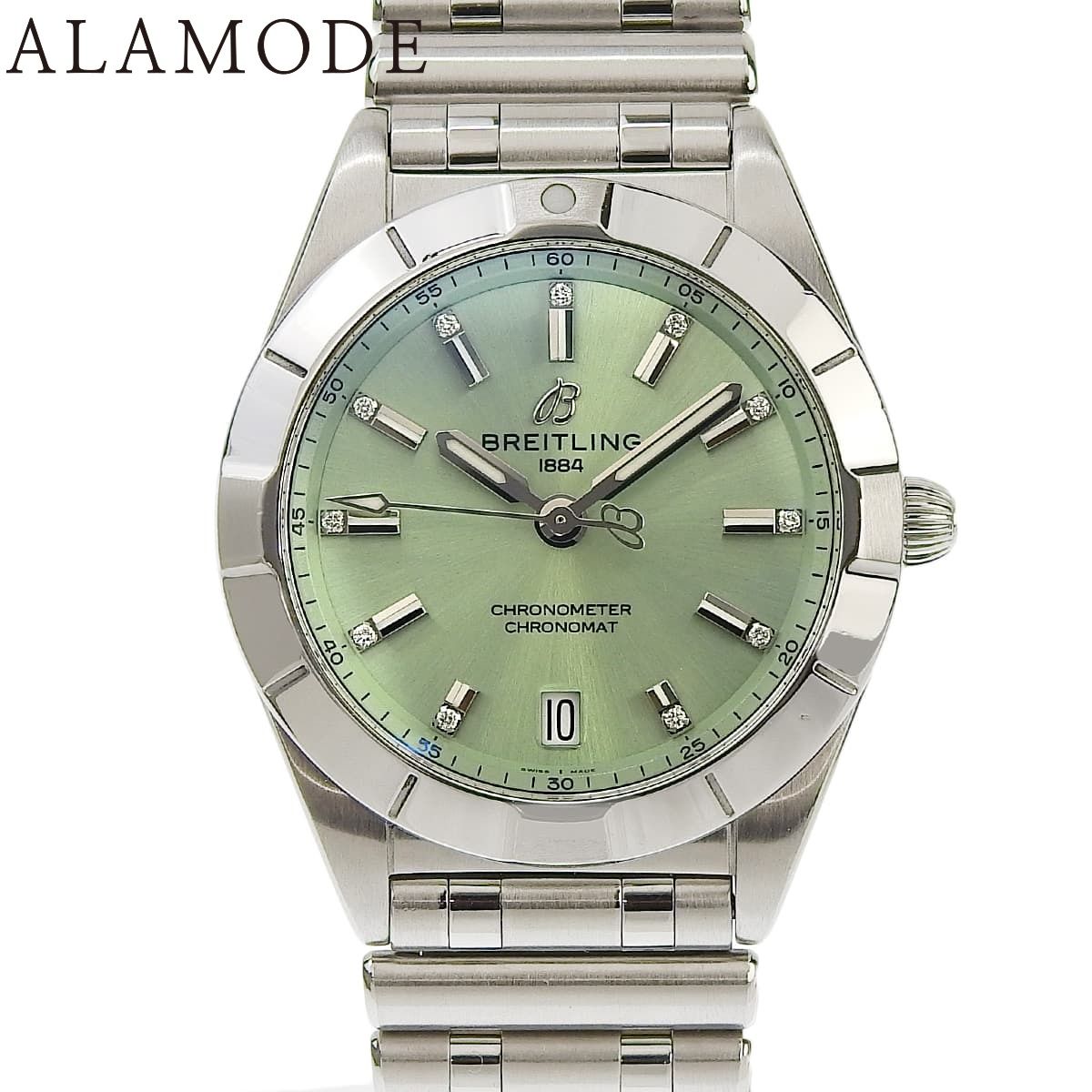 保証書付 ブライトリング クロノマット32 A77310 SS クオーツ 腕時計 グリーン シルバー レディース 40802149238 アラモード