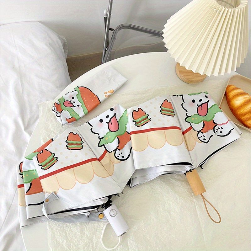 かわいいハンバーガー犬折りたたみ傘、自動開閉式で日よけと雨よけの両方に使用でき、UVカット加工、スチールシャフトを使用したモダンな漫画デザイン、拭き取り可能なキャノピー、多目的に使用できます。