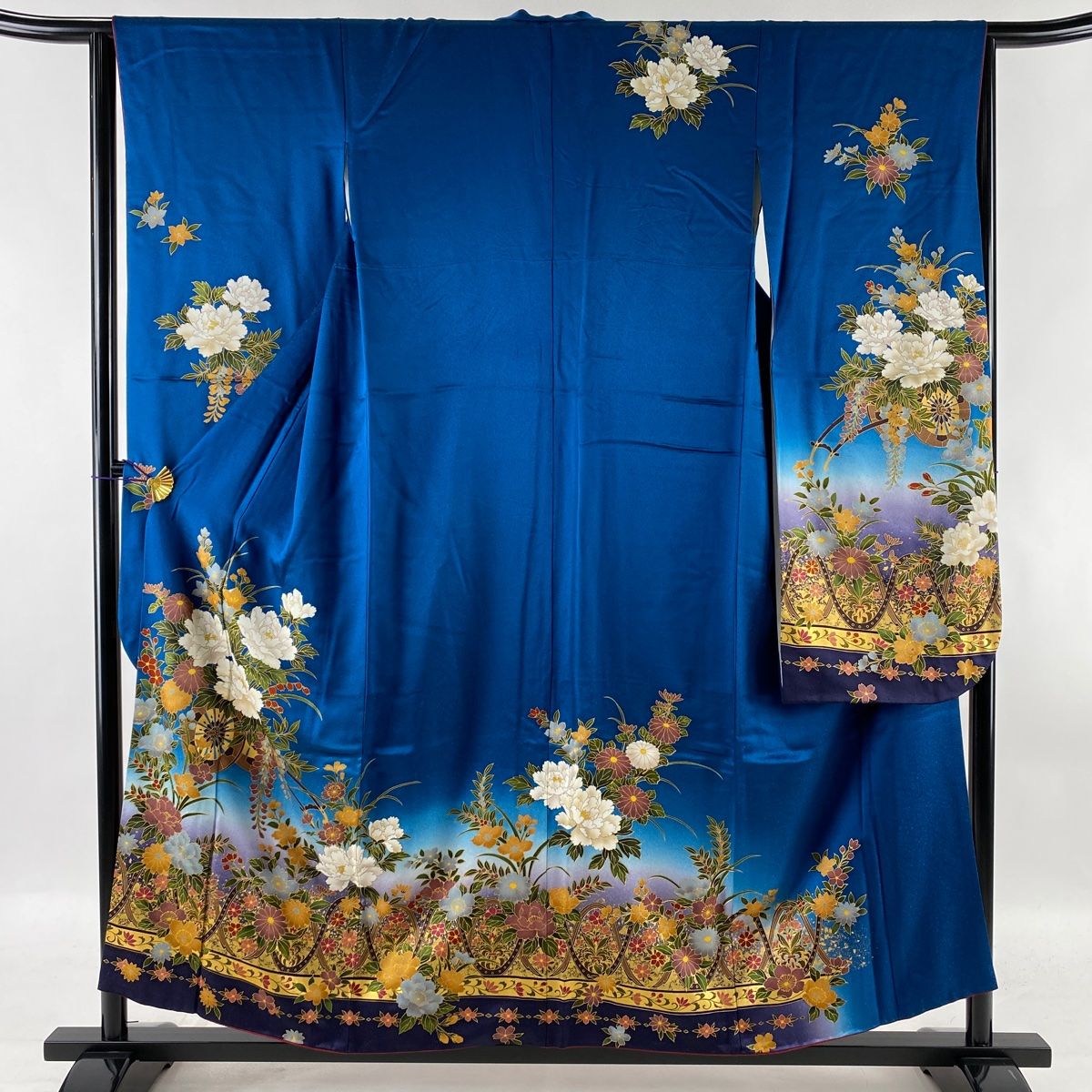 振袖 美品 秀品 花車 草花 金彩 ぼかし 青 袷 身丈156cm 裄丈64cm M