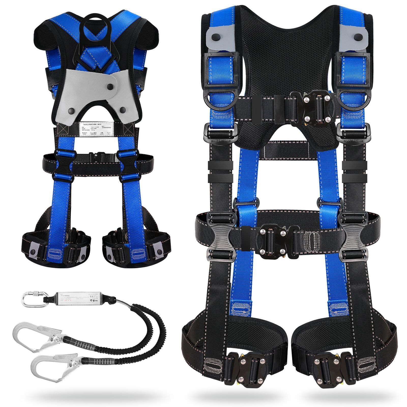 在庫セール TT TRSMIMA フルハーネス 新規格 セット フルハーネス安全帯 - 安全保護 ワンタッチ バックル 脱着簡単 ハーネス安全帯 ランヤード付き 2丁掛け 肩パッド 収納袋付き 墜落制止用器具 高所作業用 電気工事 落下防止