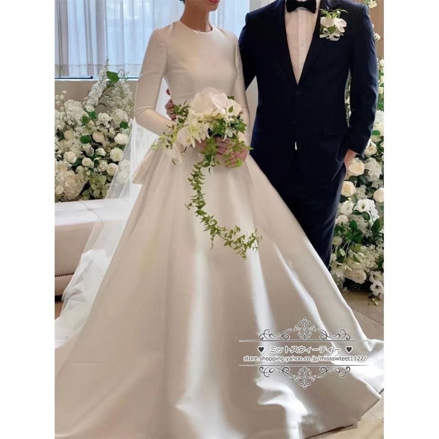 二次会 結婚式 ブライダル ロングドレス サテン 長袖 ラウンドネック シンプル 韓国風 前撮り 海外挙式 花嫁