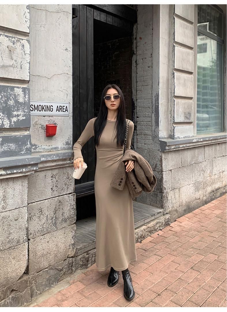 上品 春の高見えニットロングワンピース