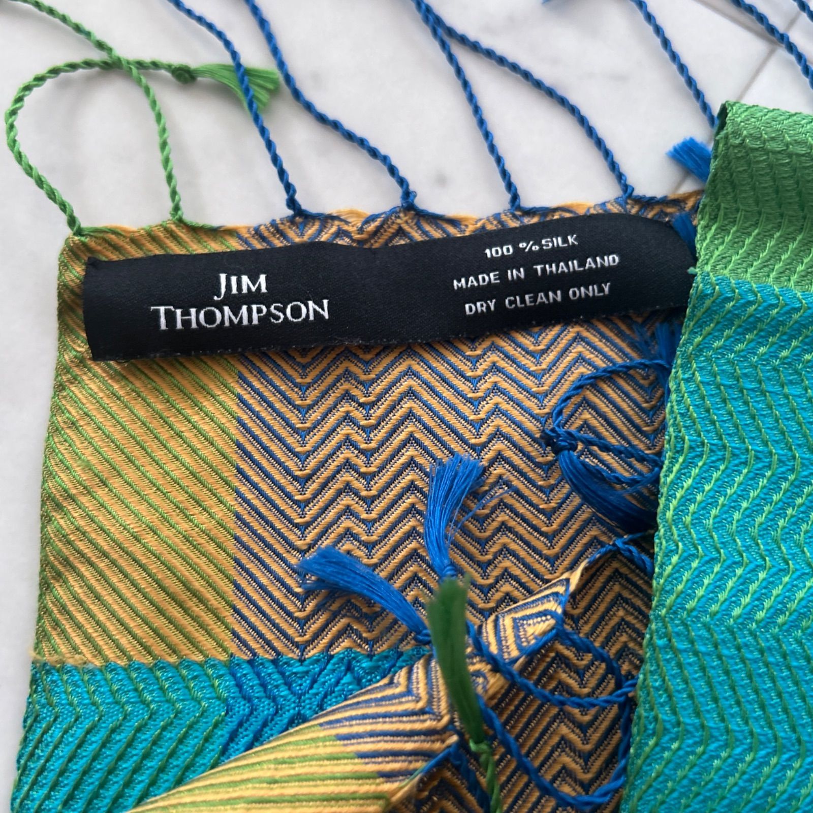 JIM THOMPSON シルクストール 光沢感 青緑×グリーン 大判タイ製