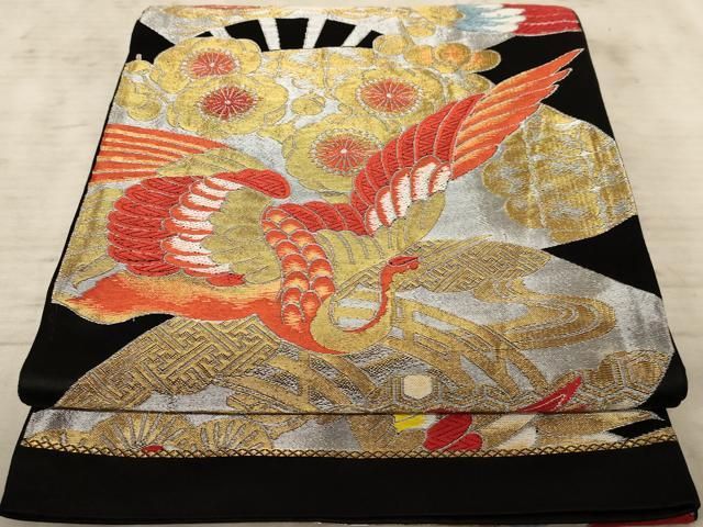 美品　鳳凰 平和屋着物◎六通柄袋帯 唐織 鳳凰梅文 黒地 金銀糸 AAAX7886dt