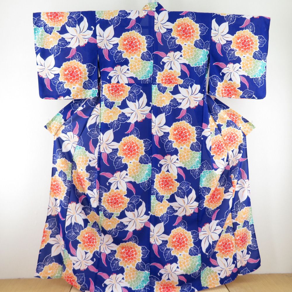 夏着物 小紋 洗える着物 単衣 百合に紫陽花文様 青紫色 バチ衿 Fサイズ