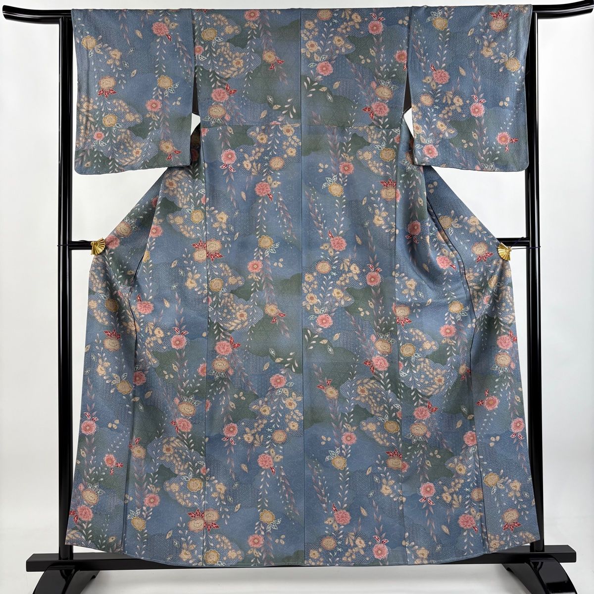 小紋 身丈159.5cm 裄丈64.5cm M 袷 草花 雲文 青灰色 正絹 秀品