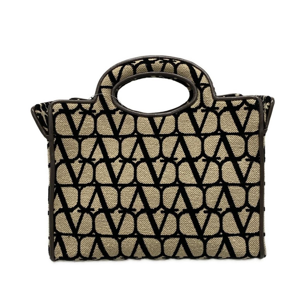 VALENTINOGARAVANI バレンチノガラバーニ トートバッグ トワル イコノグラフ アイボリー×黒×ダークブラウン レザー