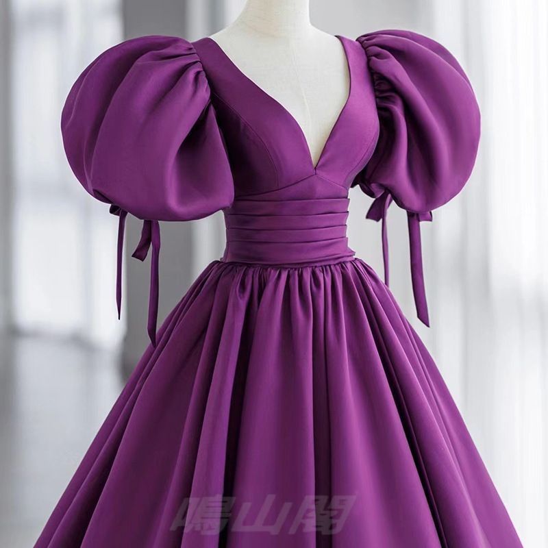 送料無料 レディース 感 大紫色 深Vネック 半袖 ロングドレス 誕生日 会場司会 上品WPまとめ買い割引103