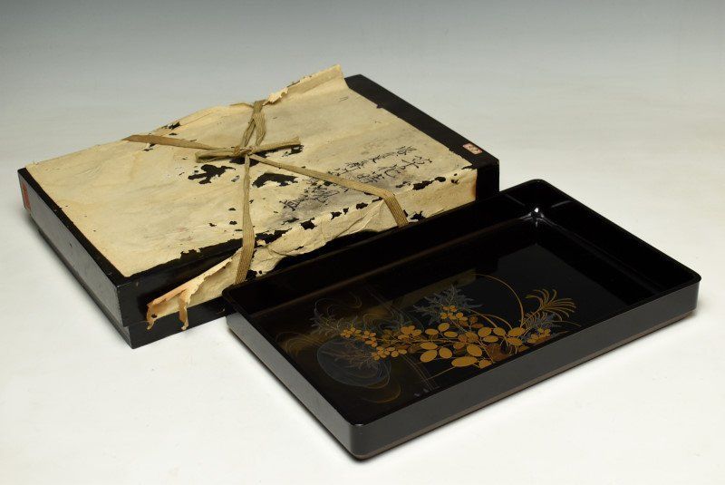 蔵A3353 時代 蒔絵研出梨地萩流水文 硯蓋 切手盆廣蓋 木箱