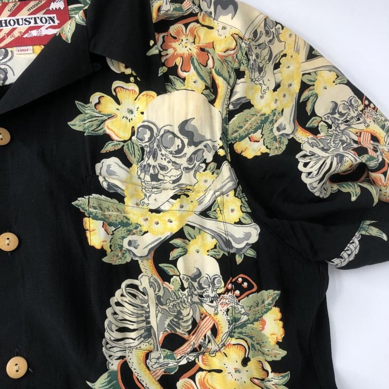 中古】HOUSTON スカルギター柄 アロハシャツ L ブラック