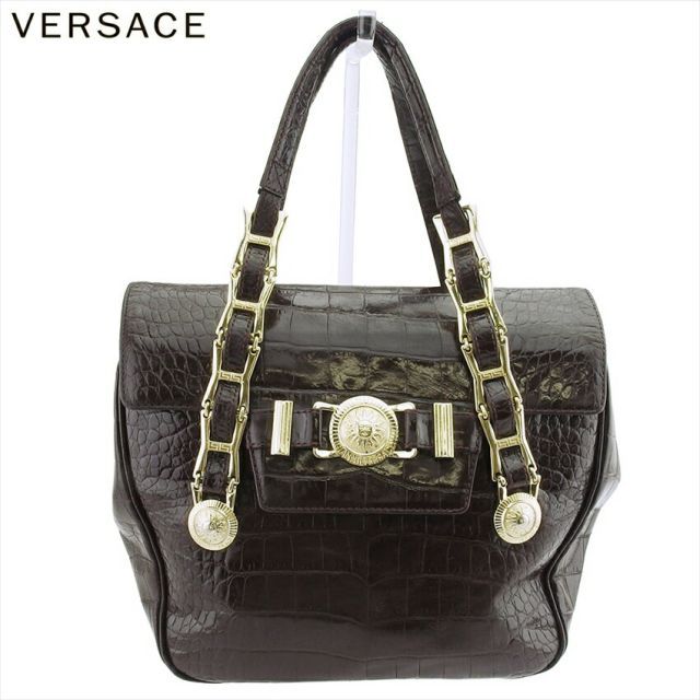 ヴェルサーチ ハンドバッグ ダークブラウン 型押しレザー VERSACE
