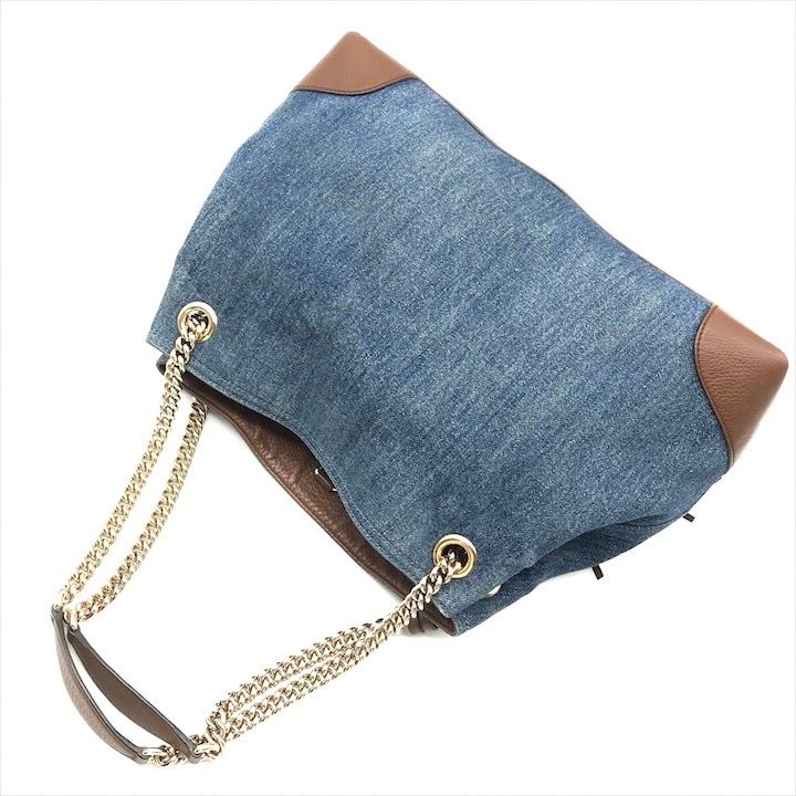 良品 GUCCI グッチ ソーホー デニム レザー フリンジ チェーン 