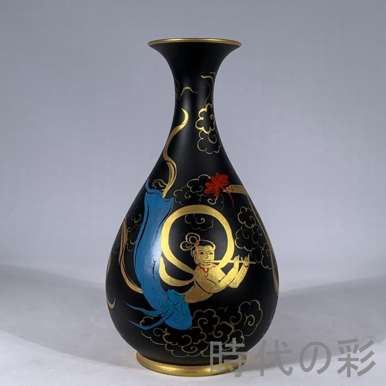 中国古美術 宋代 汝窯 大漆彩絵 飛天仕女 螺鈿 玉壺春瓶 花瓶 文房置物 茶道具 彩絵陶磁器 工芸品 古陶磁器 旧蔵 古賞物 骨董品 古玩 時代物 R0710110102