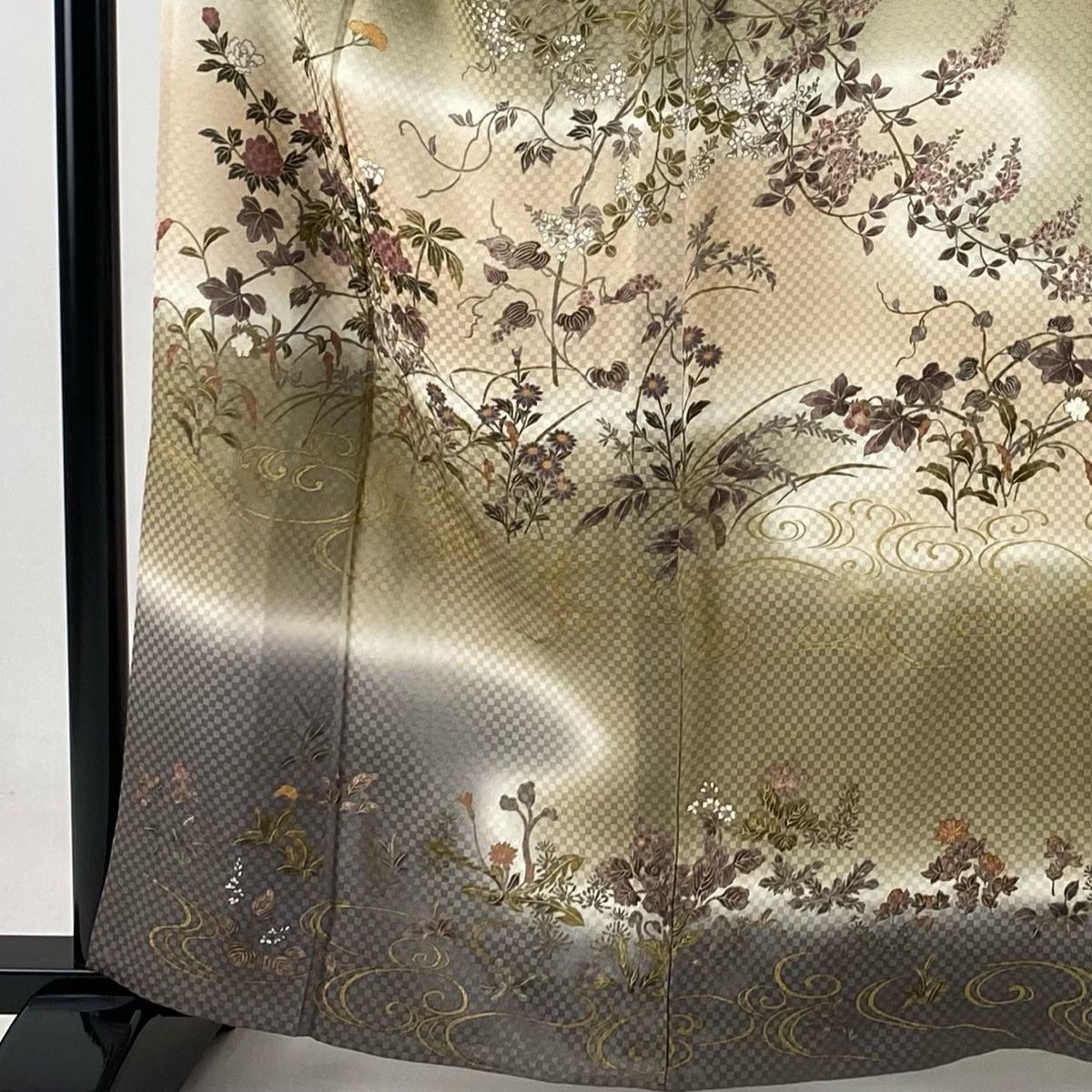 訪問着 身丈161.5cm 裄丈64cm M 単衣 草花 流水 金彩 ぼかし 茶色 正絹 秀品