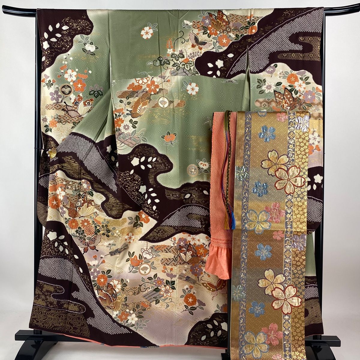 振袖 身丈159.5cm 裄丈65.5cm M 袷 袋帯フルセット 蝶 枝梅 金糸 絞り  