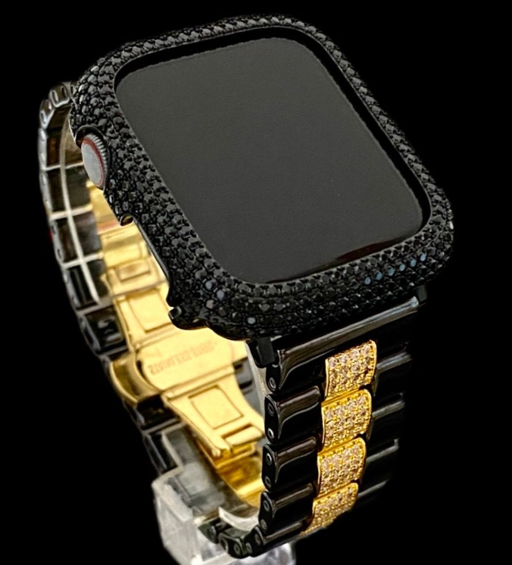 ブラックパヴェ×ゴールド AppleWatchカバー ケース キラキラ pave- ホワイトセラミックランウェイ セラミックバンド ベルト 45mm 44mm 42mm 41mm 40mm 38mm