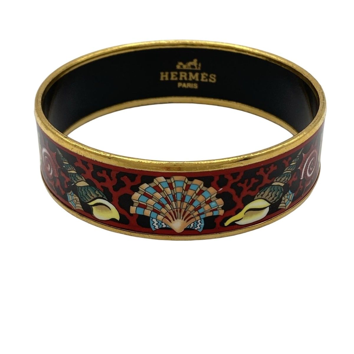 HERMES エルメス バングル エマイユ ゴールド×黒×レッド×マルチ 貝殻柄