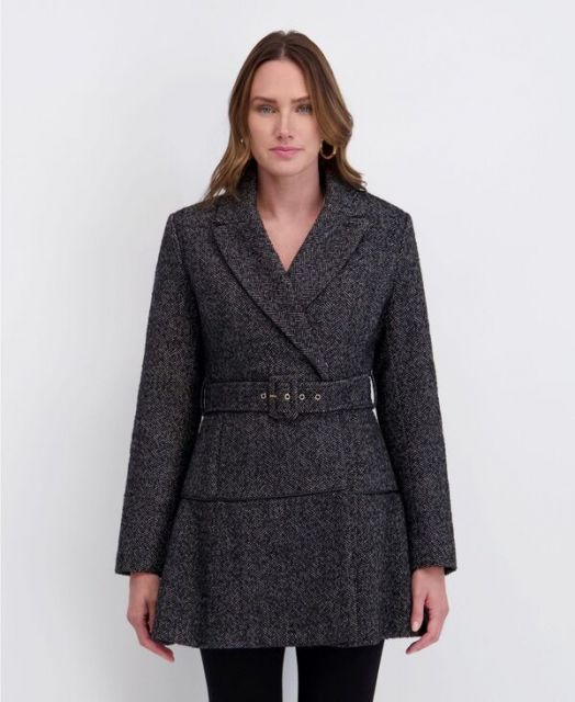 送料無料 ケンジー レディース ジャケット ブルゾン アウター Women s Belted Herringbone Tweed Skirted Wool Jacket Black|white
