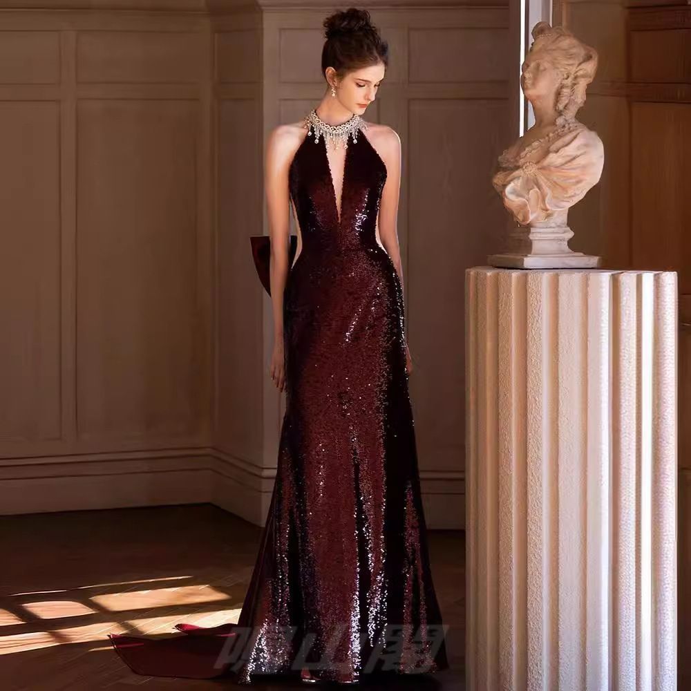 レディース 亮片 ドレス 結婚式 新婦 ワインレッド 祝宴 結婚式パーティー 感 魚尾ドレス 挙式 体型カバー 長袖WPまとめ買い割引103 MAAHADDERANG_COM