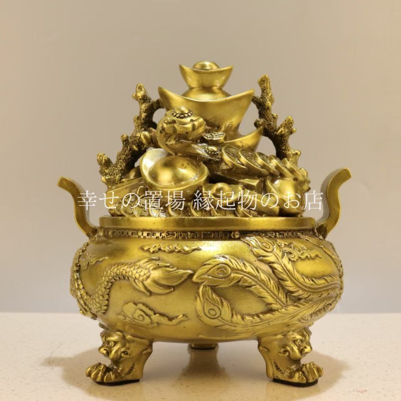 香炉 四神獣 元宝　金属　彫刻 置物 開運 風水 骨董 インテリア　アンティーク 香炉 聚宝盆 置物 四方金蟾 龍鳳意匠 風水 オブジェ 線香立て お