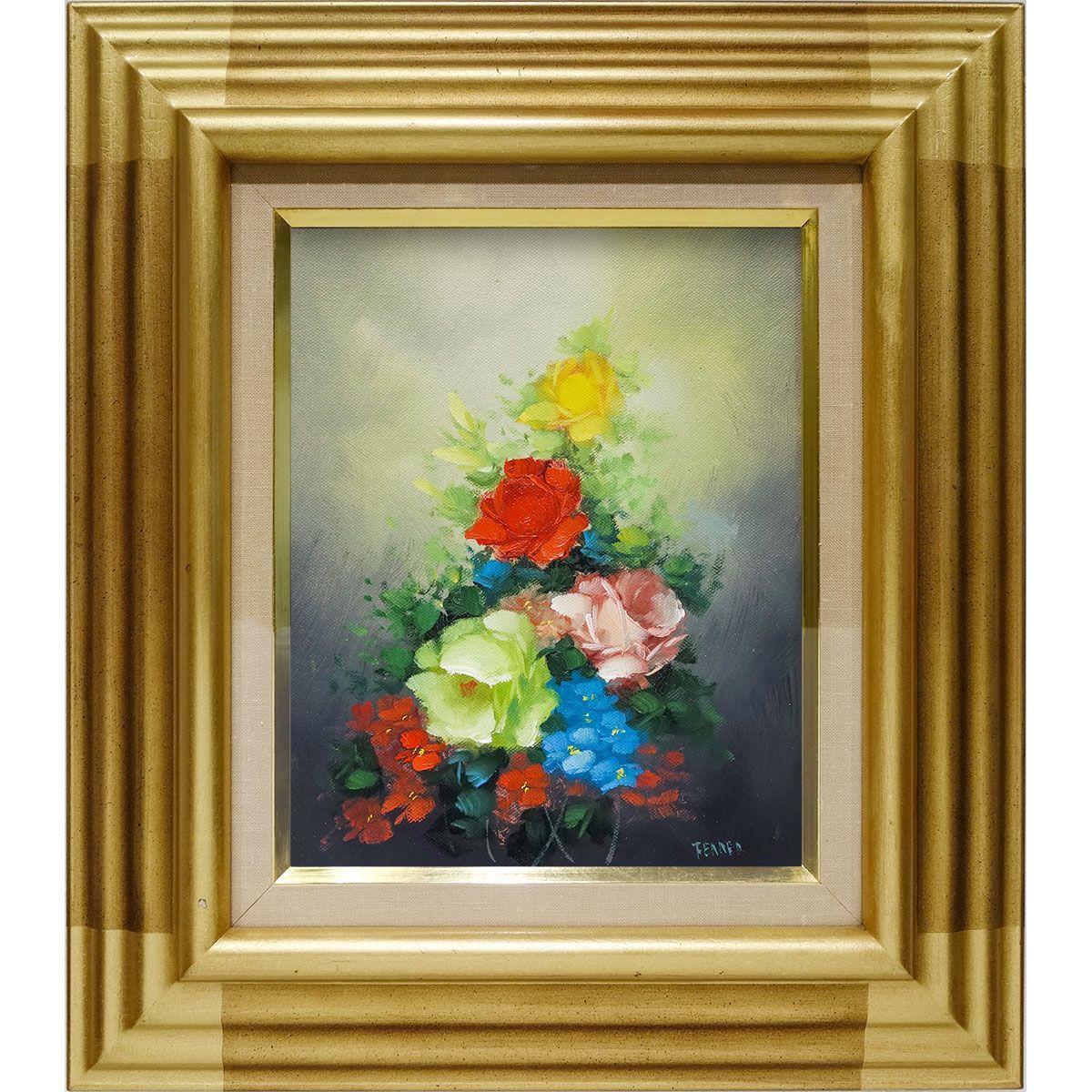 油彩画 F3号 FERRER 薔薇 額入り 油絵 真筆 手描き 肉筆 静物画 花瓶に花 花束 フラワー ブーケ ROSE 飾りやすいサイズ 小さめの絵 YE521