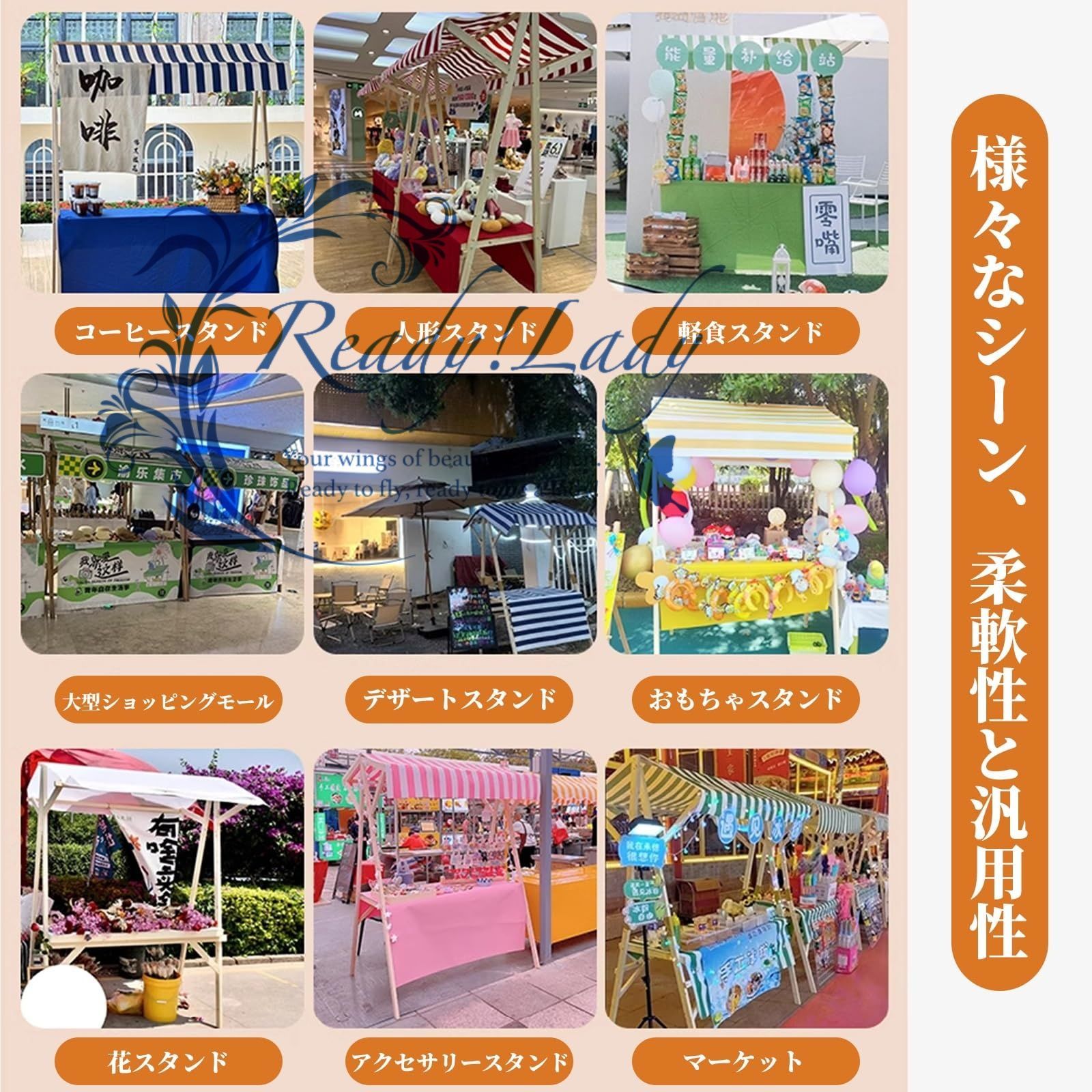 屋台ブース 木製 折りたたみ式 仮設屋台セット 幅120×奥行60×高さ200cm フードカート 屋外販売スタンド 移動販売 組立簡単 軽量 頑丈構造 耐荷重180kg テント付き 屋根付き 装飾旗付き 白 チェック柄 120X60X200CM