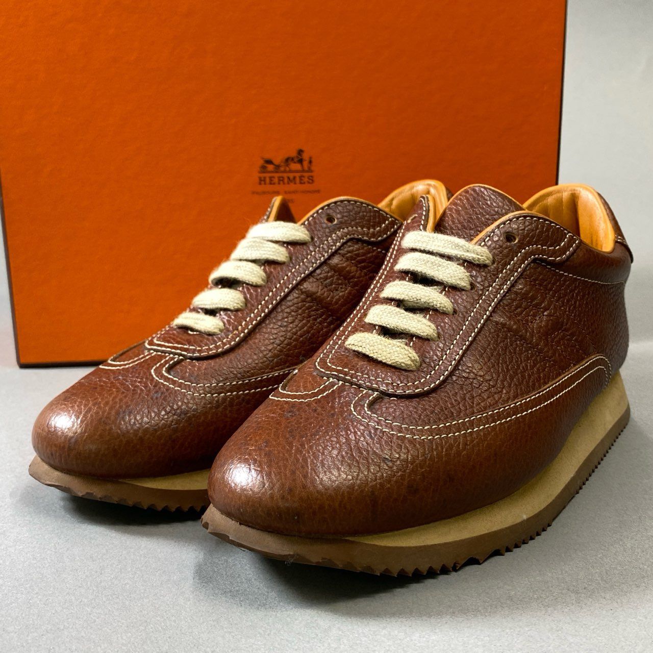 エルメス スニーカー シューズ レースアップ レザー 39 24.5cm 茶色