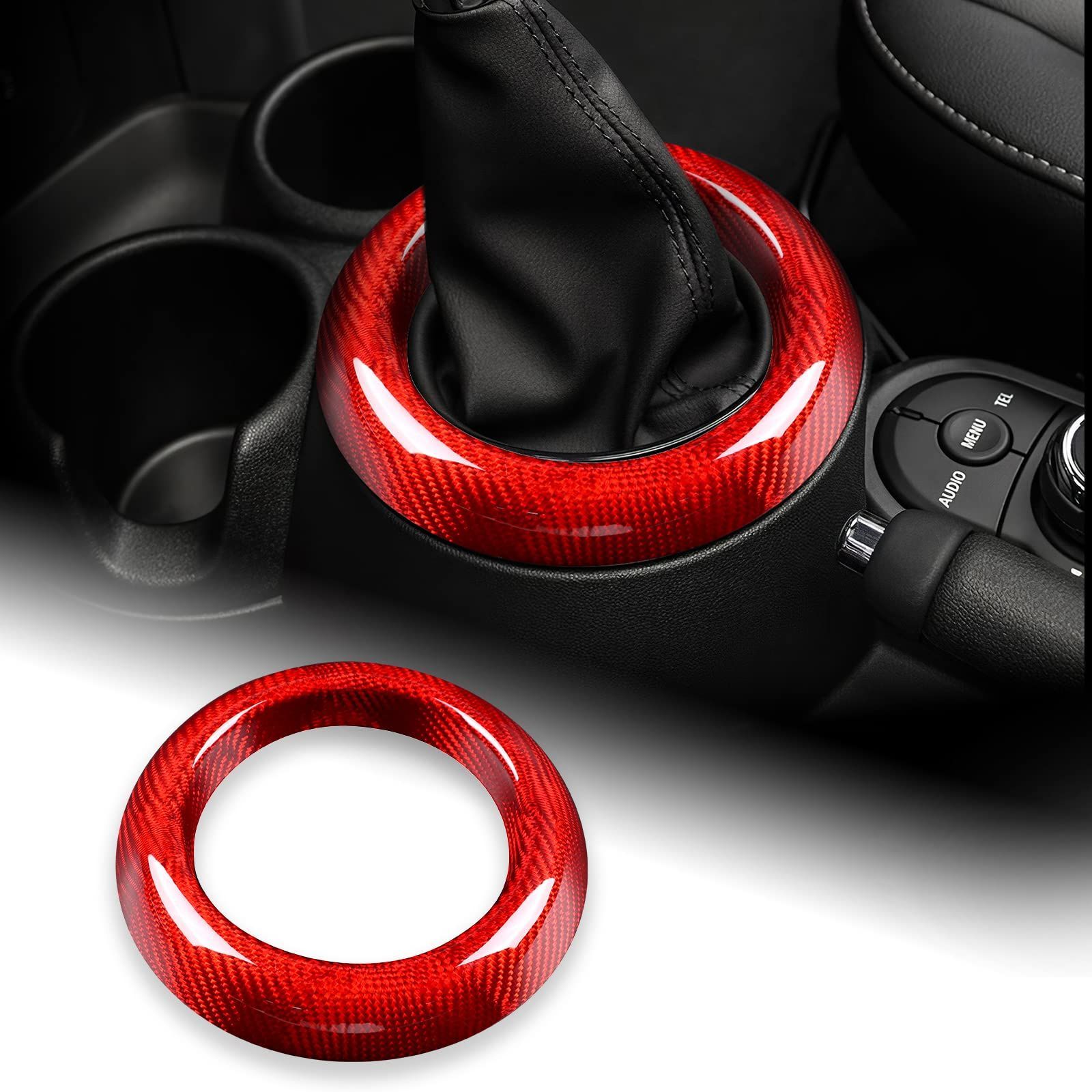 Size:シリーズA_Color:レッド AIRSPEED ミニ F54 F55 F56 F57 F60 アクセサリー リアルハードカーボンファイバー製 カーギアシフトトリムリング装飾ステッカー おしゃれ カスタム 内装パーツ MINI Clubman C