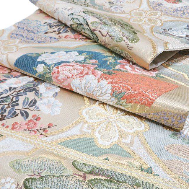 袋帯 作家物 箔押しに螺鈿箔 美しい鳥 正絹 AO-3524 袋帯 美品 逸品 じゅらく 落款 帝王紫 華文 向かい鳥 金糸 箔 焦