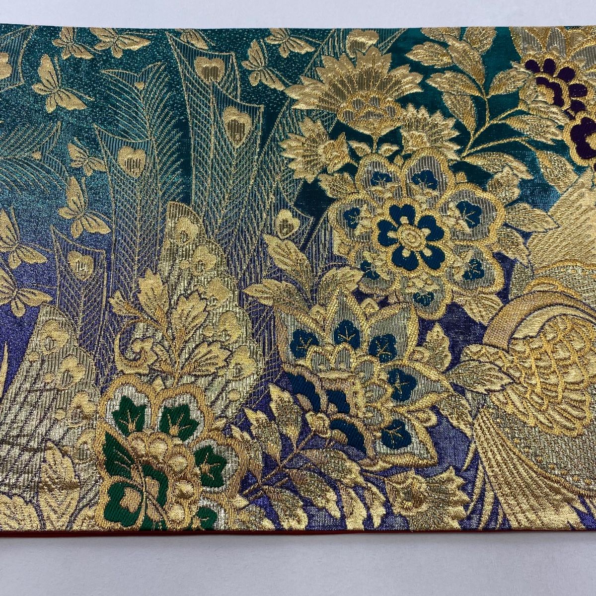 未着用　美品　袋帯　花　孔雀　金糸　着物　帯　007k 袋帯 美品 秀品 振袖向け 孔雀 草花 金糸 金彩 青緑 六通 正絹