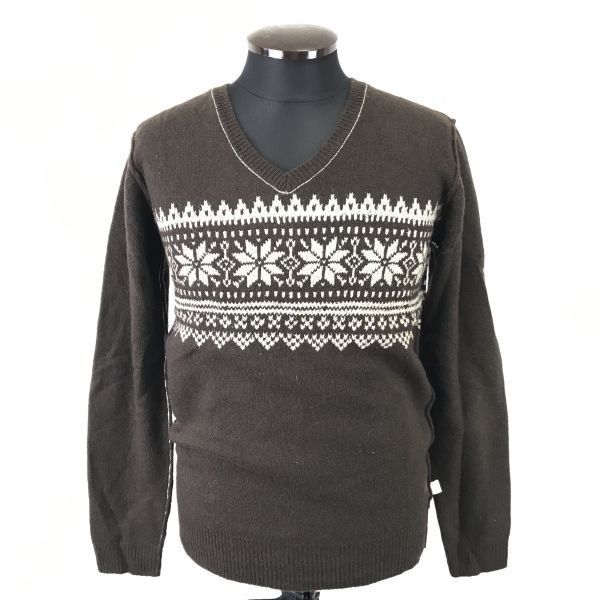 タグ付新古品on board/丸井ウール100%/長袖セーター【メンズM/茶/brown】Vネック/ノルディック柄/sweatercBH352