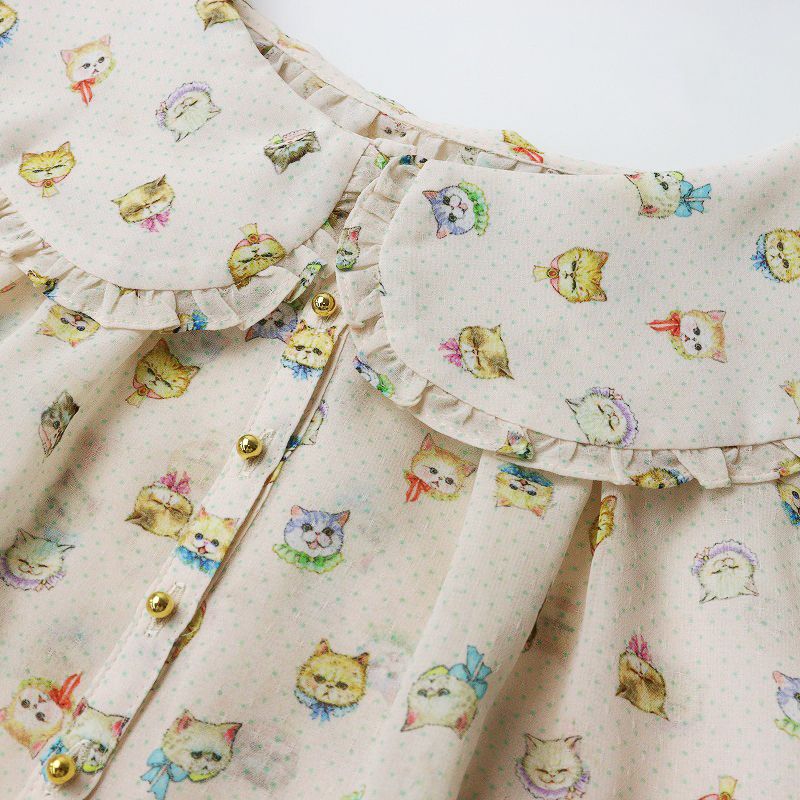 美品 ユキエモン yukiemon ぶさねこ ノースリーブ ブラウス M/ピンクベージュ トップス フリル ビッグカラー 前開き 【2400014385717】 美品 ユキエモン yukiemon ぶさねこ ノースリーブ ブラウス M/ピンク