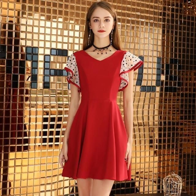 レッド Vネックドット透かしフリル袖 春夏 上品 キレイめ Aライン 花嫁さんドレス 二次会 演奏会 誕生日 結婚式 パーティードレス
