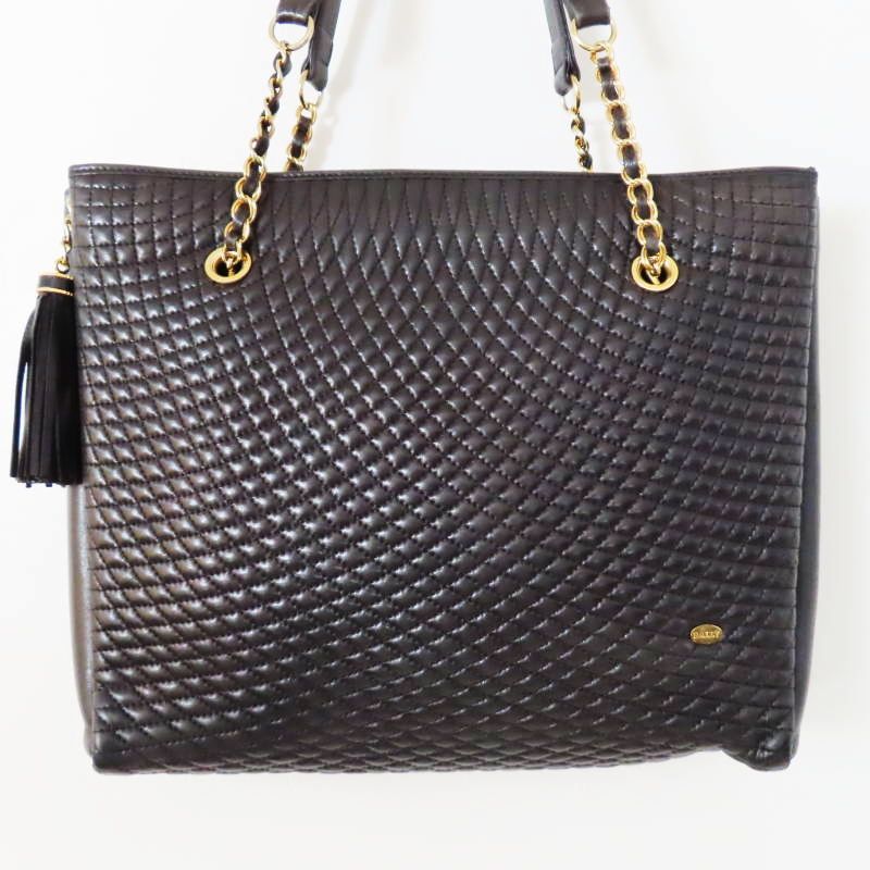 T02-k089 BALLY バリー キルティングレザ― フリンジ チェーン