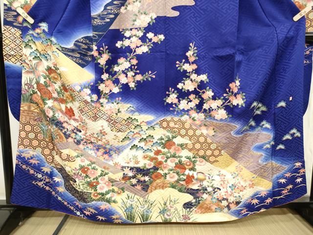 豪華振袖　駒刺繍　流水舞鳥文　暈し染め　金彩　着丈168cm　正絹　逸品 平和屋着物□豪華振袖 駒刺繍 風景草花文 暈し染め 金彩 正絹