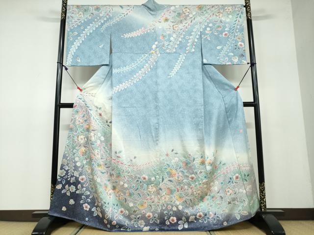 平和屋着物●伯河貞雄　訪問着　絞り　辻が花　暈し染め　銀通し地　正絹　逸品　DAAW5106ud 平和屋着物○伯河貞雄 訪問着 絞り 辻が花 暈し染め 銀通し地 正絹