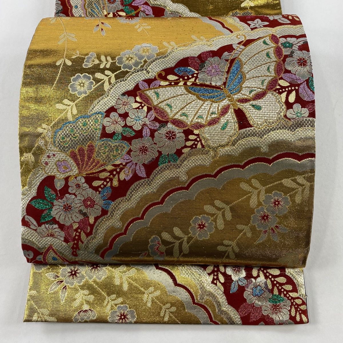 袋帯　美品 中古】 袋帯 リサイクル レディース 正絹 白 銀 金 桃 扇子 松梅