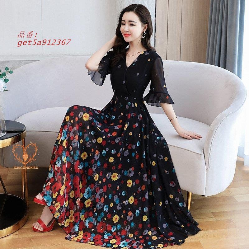 ワンピース レディース 40代 キレイめ マキシワンピース 春夏 花柄フ スカート 大人 30代 五分袖ワンピース シフォン オシャレ大きいサイズ 50代 get5a912367